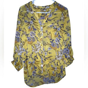 Kut From The Kloth Blouse Size Small Yellow Floral Roll Tab Long Sleeve Top Boho
